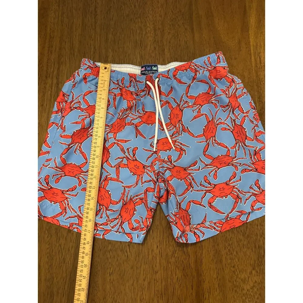 Charleston Threads Blue Orange Crab Print Swim Trunks - Men’s L